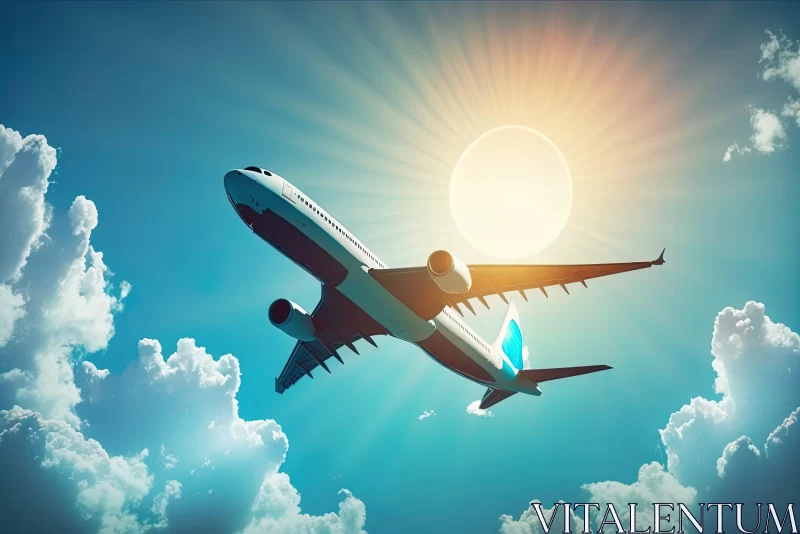 Airplane Basking in Sun Rays Against Cloudy Sky AI Image