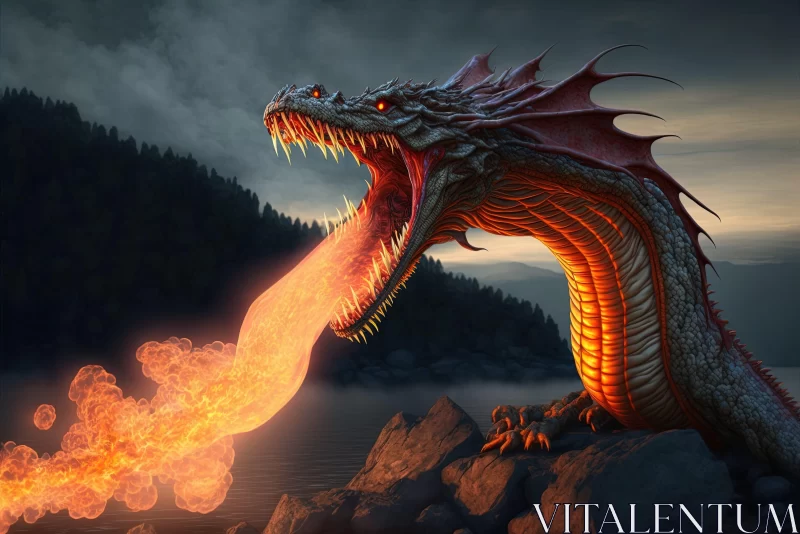 Ancient Dragon Breathes Fire: A Hauntingly Beautiful Illustration AI Image