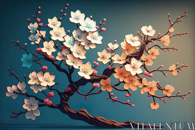 Cherry Blossom Origami Art - A Fusion of Light Blue and Dark Amber AI Image