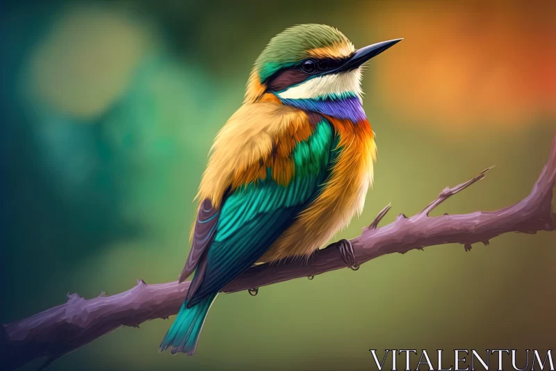 Colorful Bird on Branch: A Study in Emerald and Amber AI Image