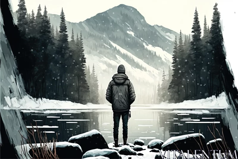 Man in Snow Gazing at Lake - Illustrative Wilderness Art AI Image