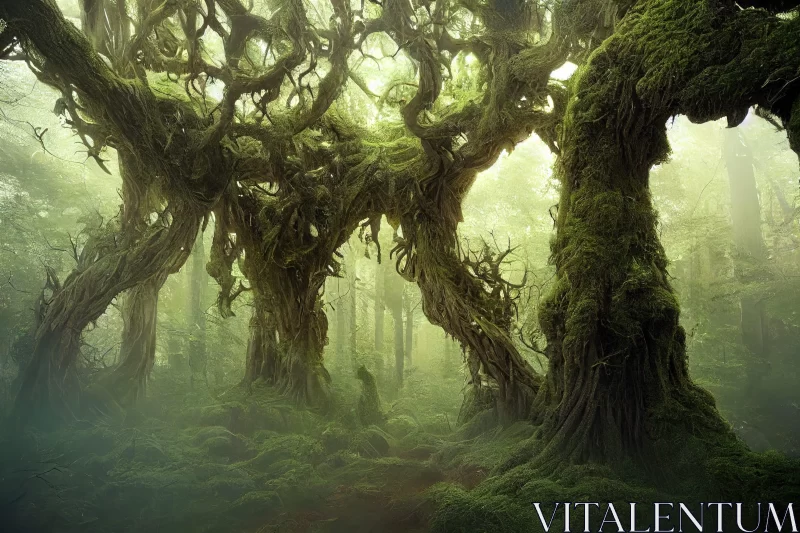 Misty Enchanted Forest with Mossy Trees AI Image