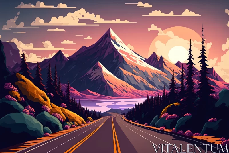 Mountain Landscape at Sunset in Art Nouveau Style AI Image