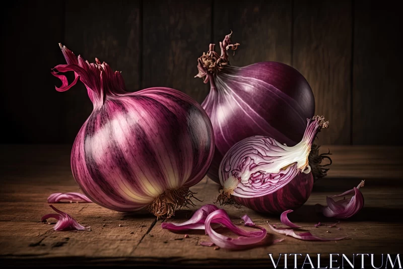 Red Onions on Wooden Background: A Study in Light and Shadow AI Image