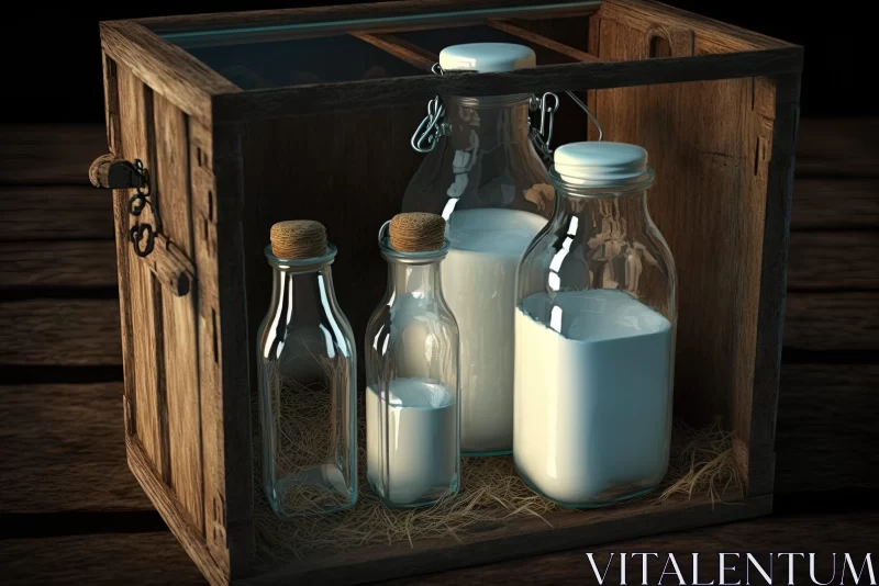 Rural Life Depiction: Milk Bottles in Antique Wooden Crate AI Image