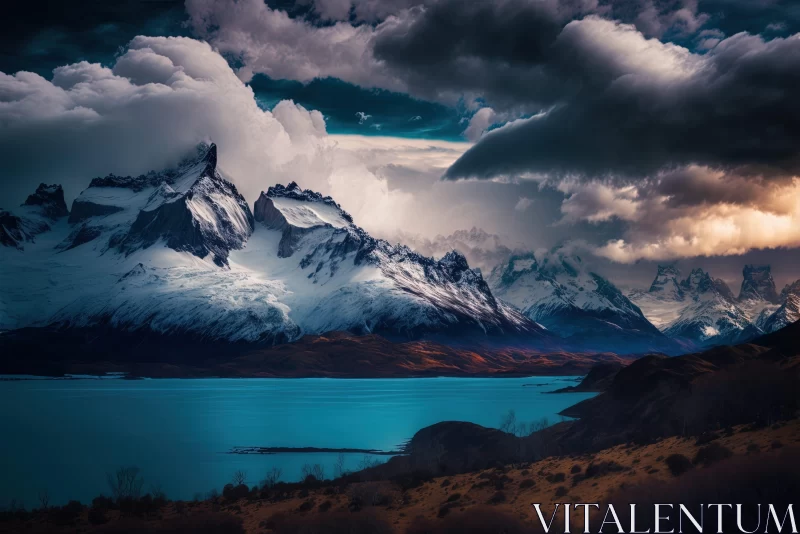Chilean Landscape: Ice Peaks and Lakes Under Cloudy Skies AI Image
