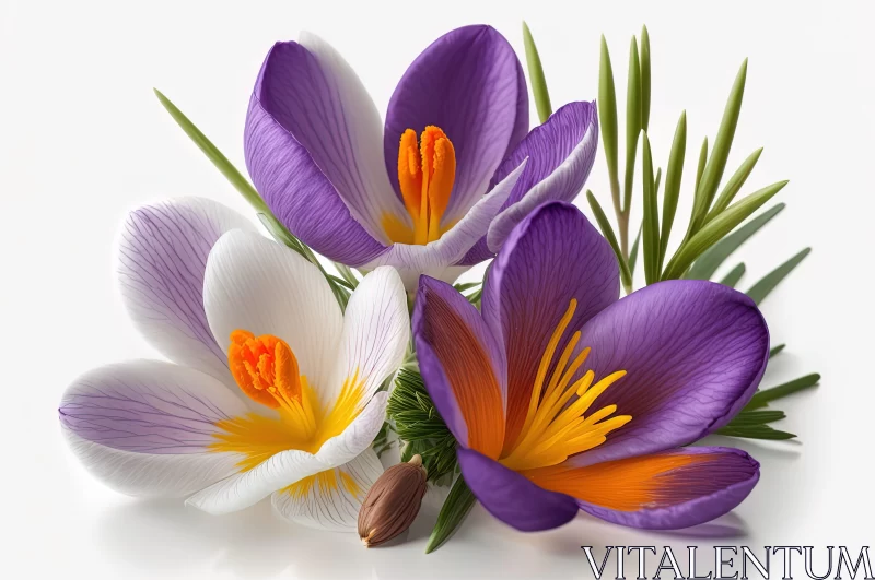 Crocus Flowers on White Background - Colorful Woodcarvings and Striped Arrangements AI Image