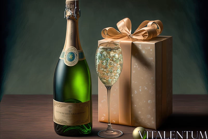 AI ART Elegant Gift and Sparkling Wine Bottle - A Portrait of Wealth and Anticipation