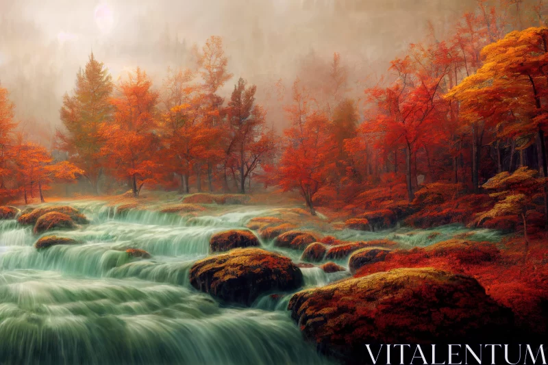 Ethereal Landscapes: Fantasy River to Autumn Waterfall AI Image