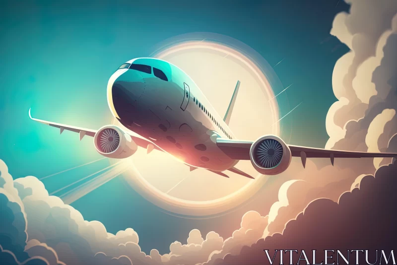 Illustration of Airplane Flying in Stylized Sky AI Image