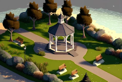 Romantic Park with Gazebo: Nautical Detail and 2D Game Art