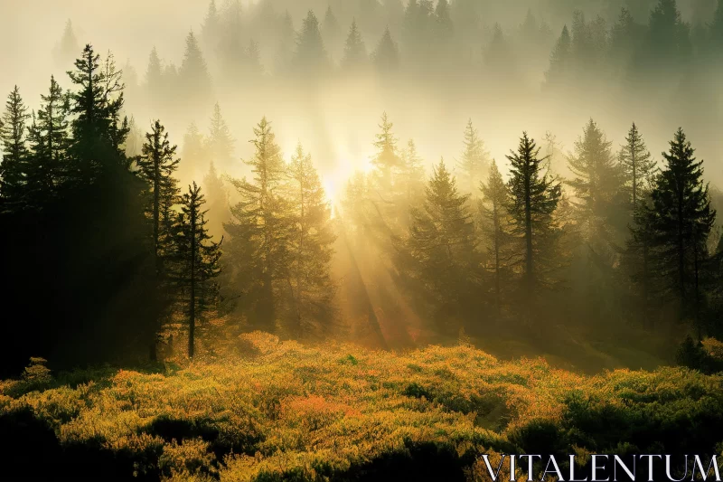 Sunlit Foggy Forest Landscape - A Showcase of Nature's Beauty AI Image