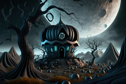 Surreal Halloween Night Scene with Moonlit House AI Image