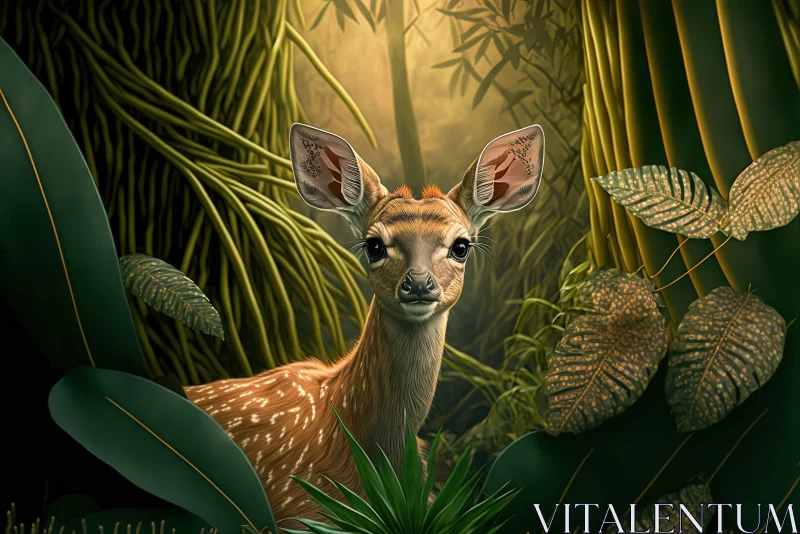 Innocent Deer Amidst Jungle Greenery - Digital Art Illustration AI Image
