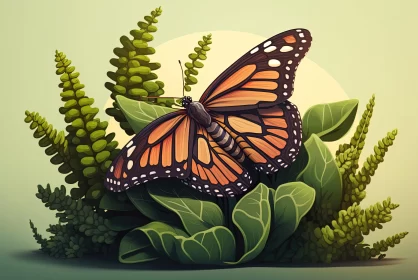 Monarch Butterfly Illustration in Lush Botanical Setting AI Image