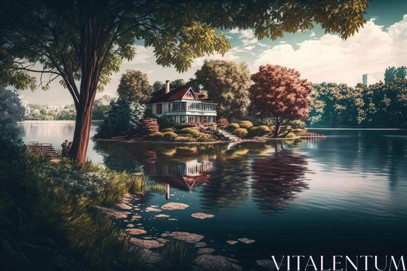 AI ART Nostalgic House by the Lake - A Psychedelic Realism Art
