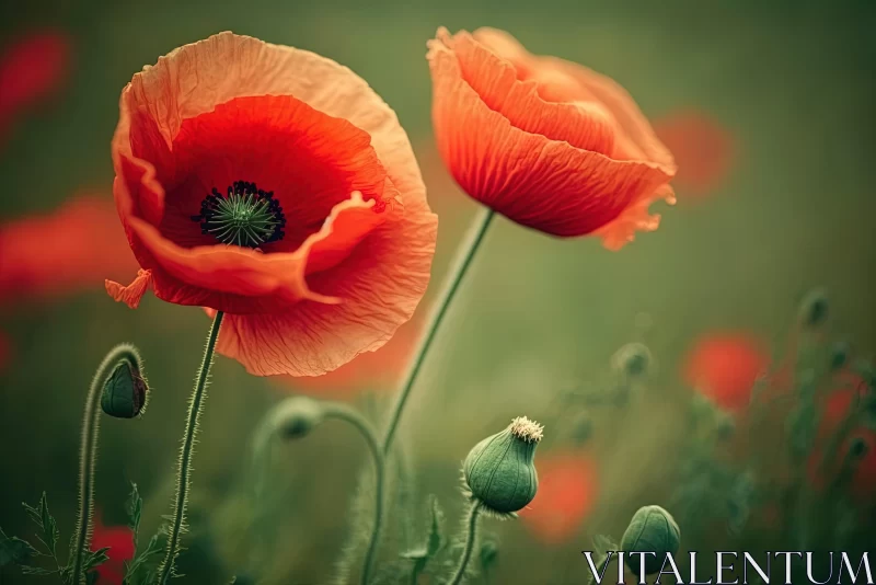 Vintage Styled Image of Red Poppies in a Field AI Image