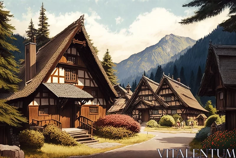 Anime-Inspired Village in Forest - Swiss Style Architecture AI Image