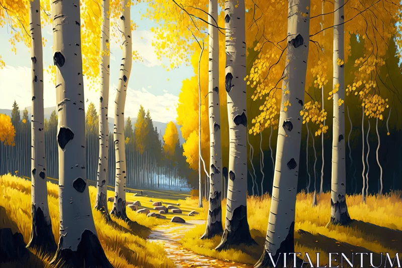 Enchanting Autumn Birch Forest Walkway Illustration AI Image
