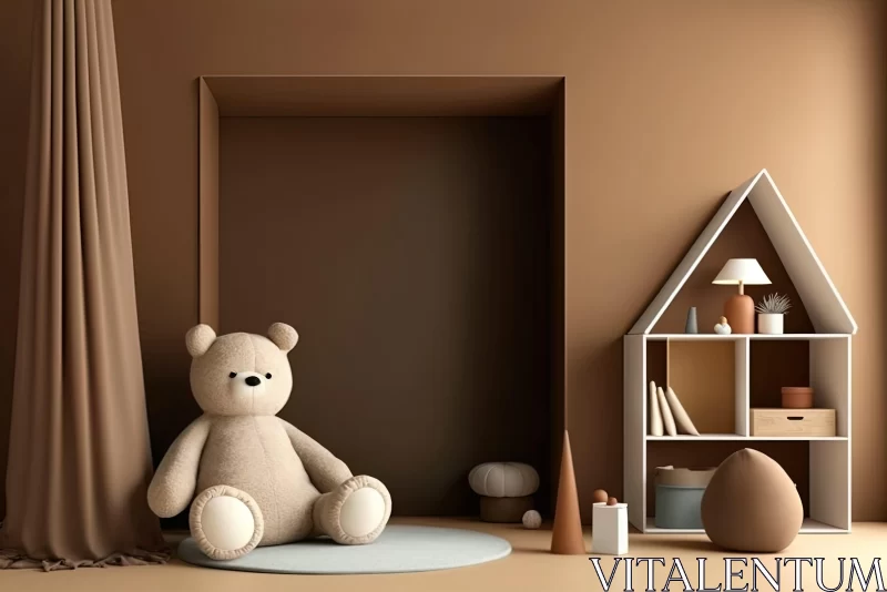 Minimalist Children's Room with Teddy Bear - 3D Illustration AI Image