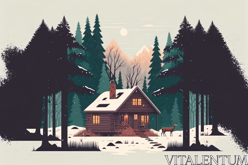 Vintage Style Winter Cabin and Wildlife Illustration AI Image