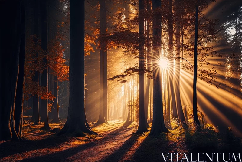 Enchanting Autumn Forest Illuminated by Golden Sunlight AI Image