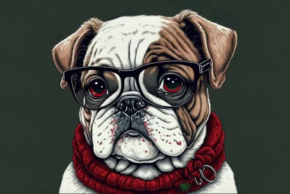 Gothic Illustration of Bulldog in Glasses and Red Scarf