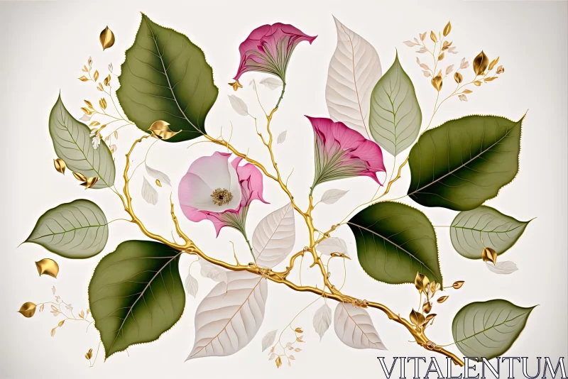 Naturalistic Gold Leaf and Pink Flower Branches Illustration AI Image
