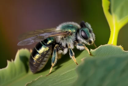 Detailed Portraiture of a Green Bee on a Leaf AI Image
