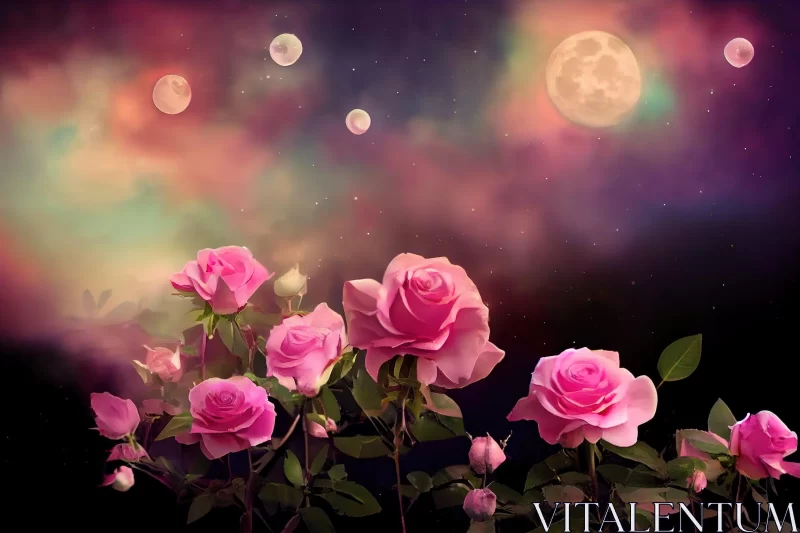 Pink Roses under Moonlight - A Dreamlike Celebration of Nature AI Image