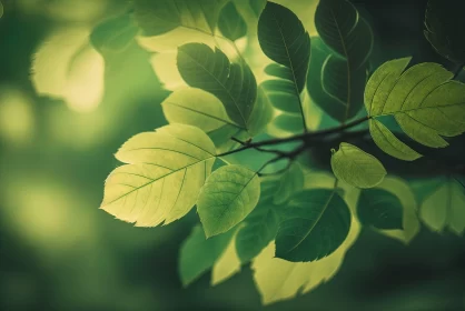Sunlit Green Leaves on Branches - Retro Style Eco-friendly Craftsmanship AI Image