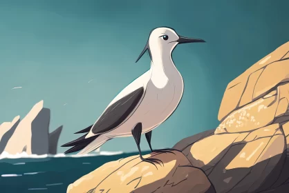 White and Black Bird on Ocean Rock - Painterly Comic Style Art