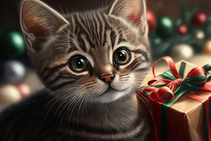 Adorable Striped Kitten with a Present Box Artwork