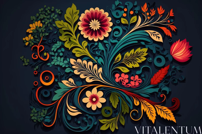 Colorful Floral Folk Art Design on Dark Background AI Image