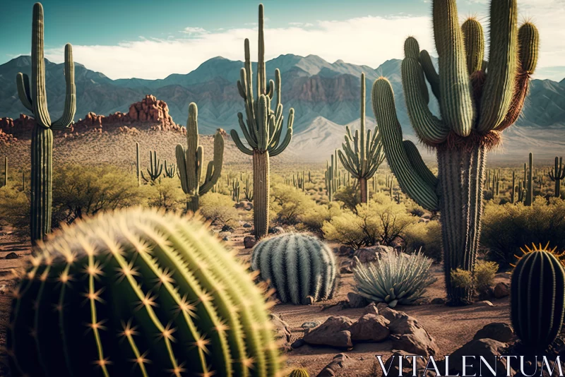 Desert Landscape - A Realistic Display of Cacti and Flora AI Image