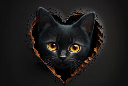 Romantic Illustration of a Tiny Black Kitten with Glowing Eyes