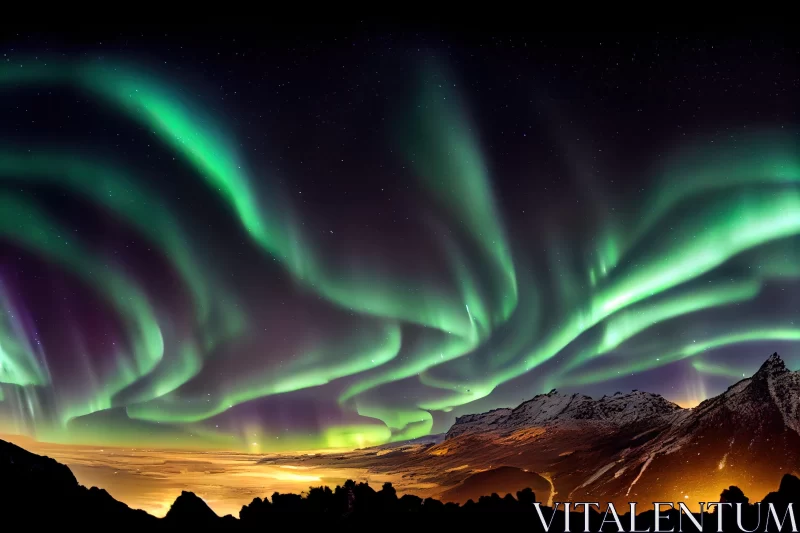 Ethereal Aurora Borealis over Mountainous Landscape AI Image