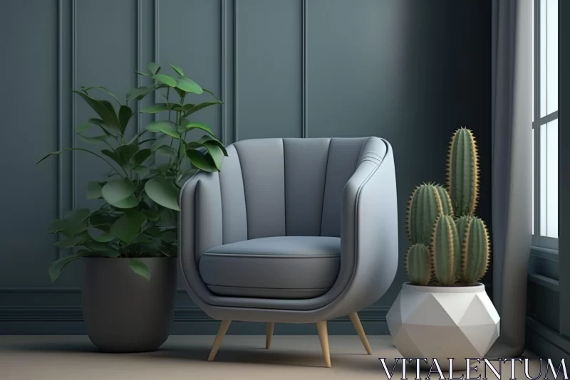 Art Deco Influenced Interior with Grey Chair and Plants AI Image