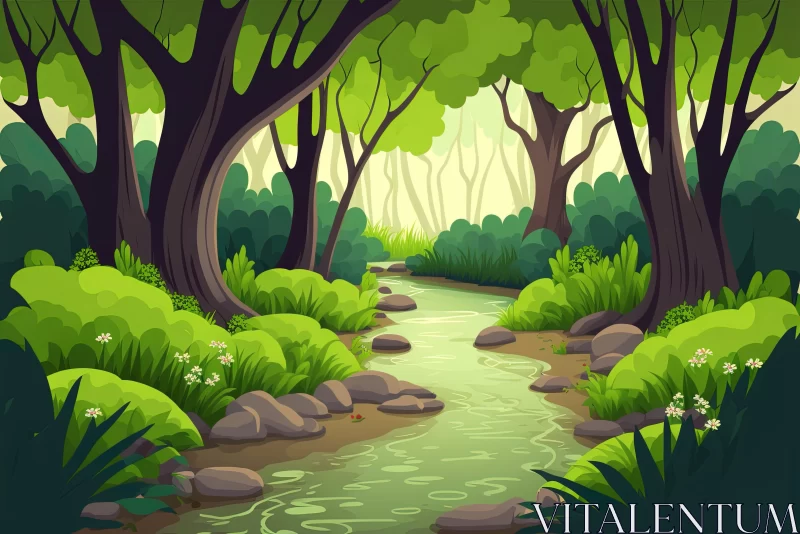 Cartoon Style Forest Scene with River and Detailed Nature AI Image