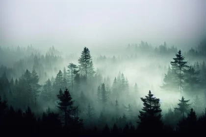 Ethereal Forest Landscape with Fog and Pine Trees