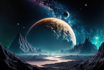Fantasy Cosmic Landscape: Galaxy, Planets and Mountain AI Image