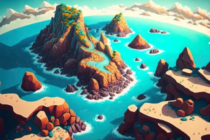 Imaginative Seascape Illustration with Islands and Mountains