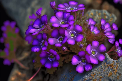 Radiant Purple Flowers Amidst Rocks - A Neon Minoan Art Interpretation