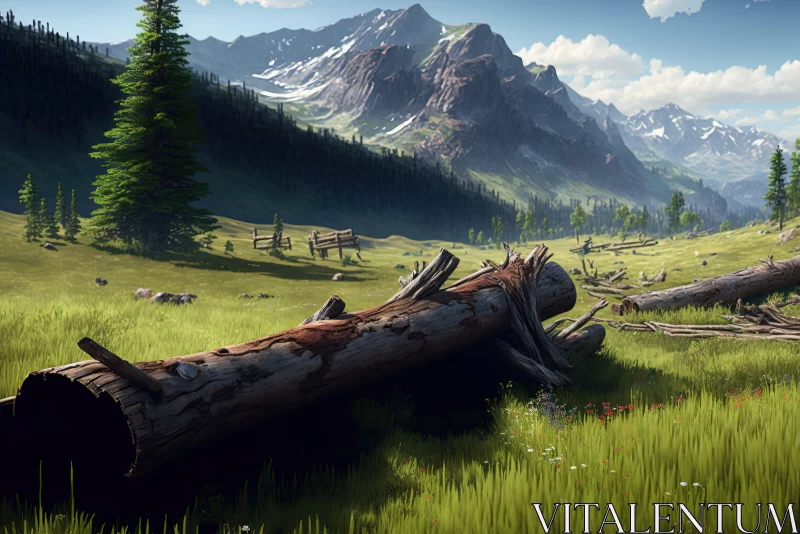 Serene Pastoral Scene with Old Tree Stump and Mountain Range AI Image