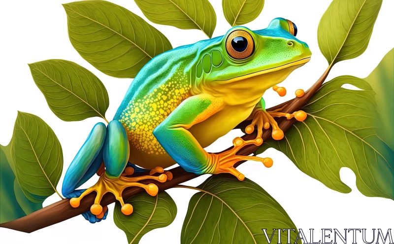 Charming Cartoon Frog on a Tree Branch Illustration AI Image