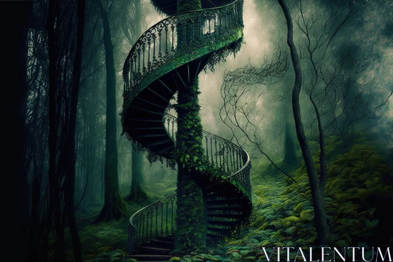 Dreamy Spiral Staircase in a Dark Emerald Forest AI Image