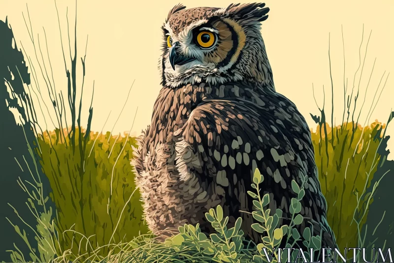 Owl in Grass - A Detailed Landscape in a Romantic Wilderness AI Image
