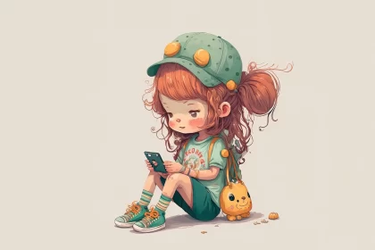 Charming Anime-style Illustration of Girl with Smartphone