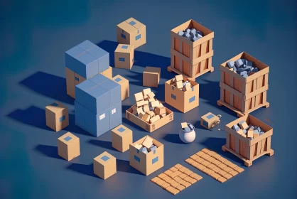 Cubist Still-Life with Boxes and Pallets on Blue AI Image