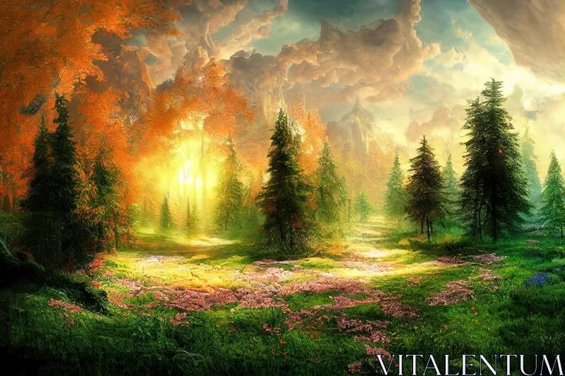 Fantastical Spring Forest at Sunset - Artwork AI Image